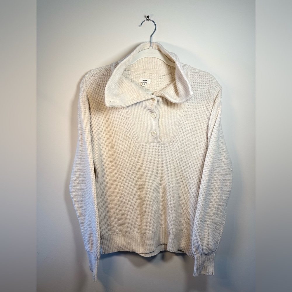 Aerie Womens Cream Waffle button Cowl Neck oversized Sweater Size XXS